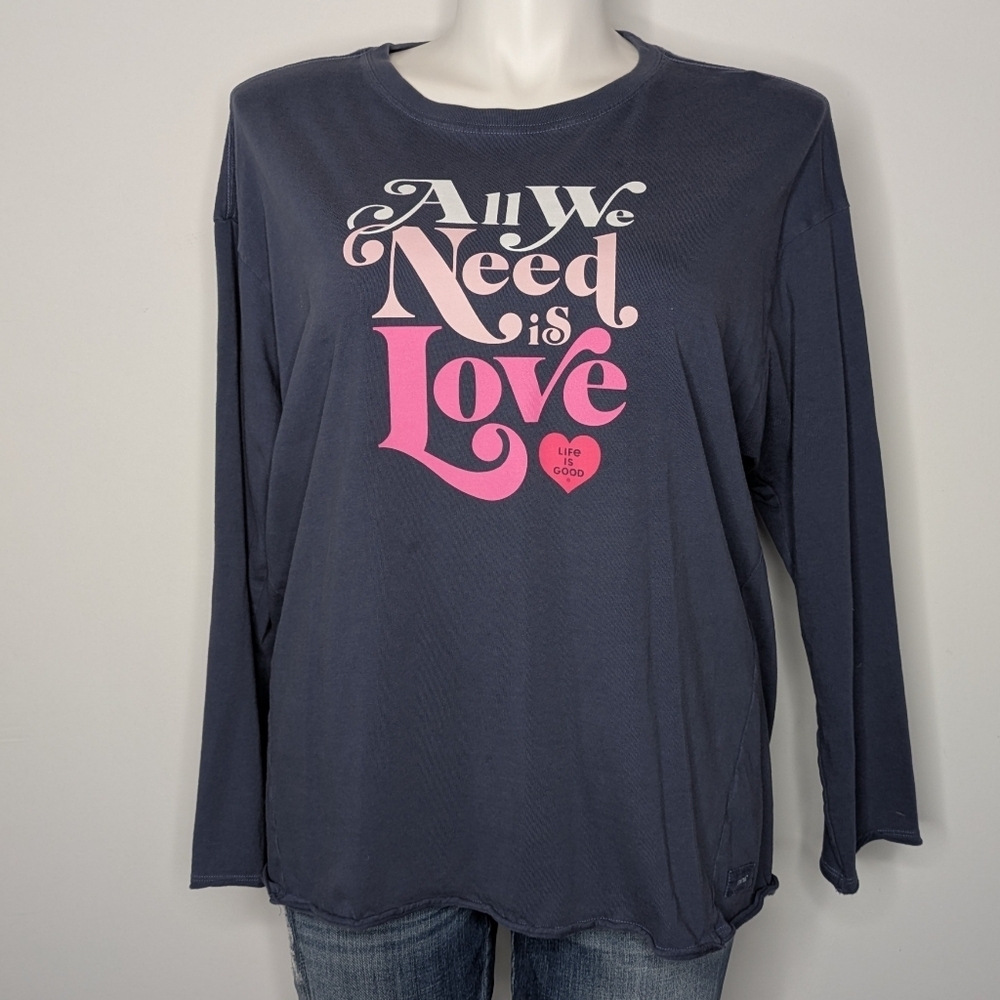 Life Is Good Blue Pink Inspirational Long Sleeve Cotton T-shirt L